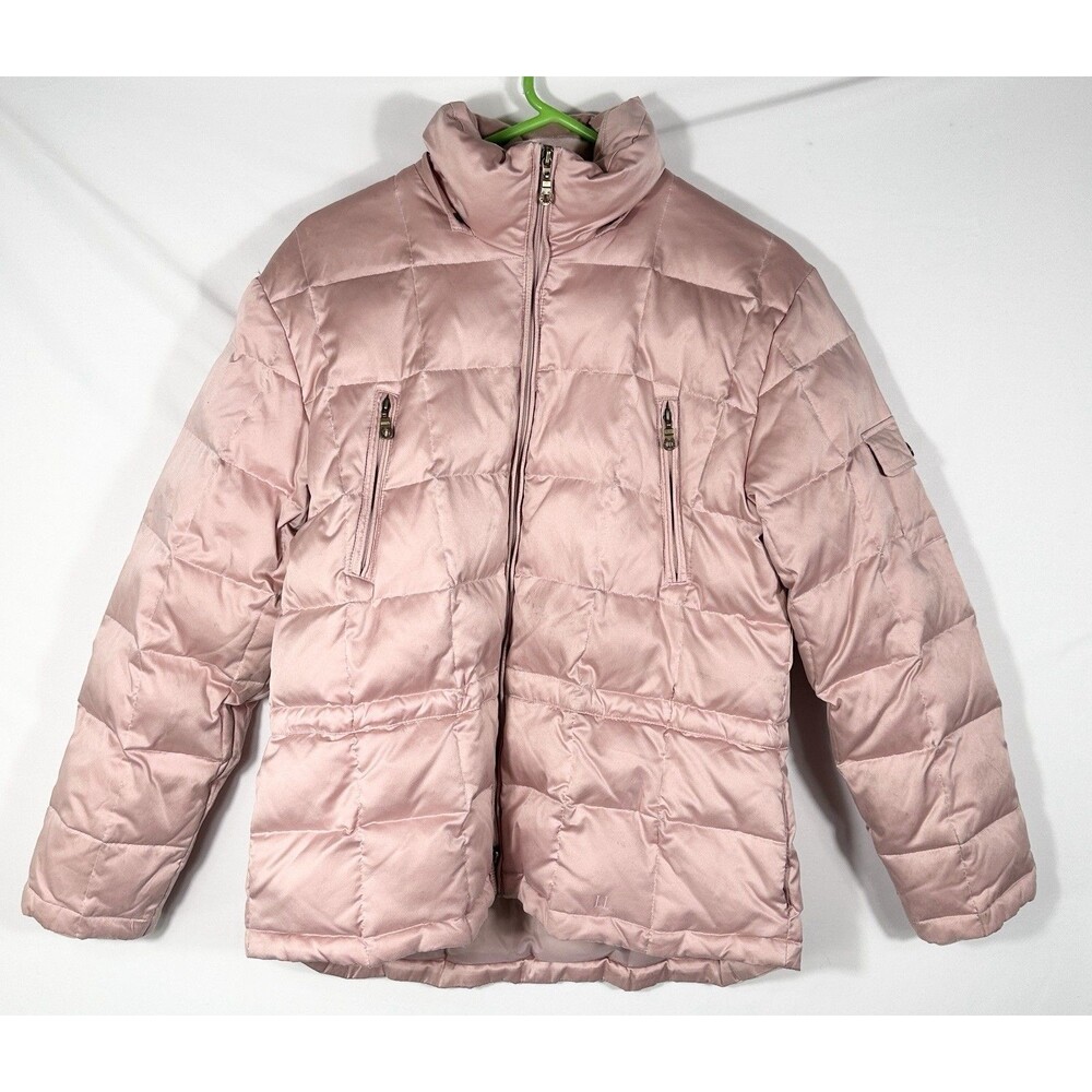 Larry Levine Puffer Jacket Women M Large Beige Full Zip Down Long Sleeve Hooded